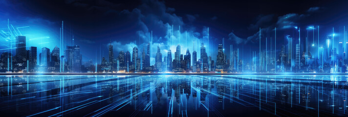 Panoramic View of Night City. Wireless Network, Connection, Technology Concept - obrazy, fototapety, plakaty