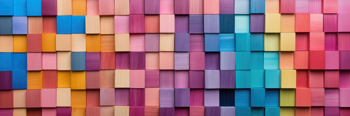 Colorful Wooden Wall Block Texture Background Panorama - obrazy, fototapety, plakaty