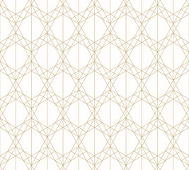 Fototapeta premium Golden line pattern. Vector geometric seamless texture with delicate grid, thin lines, diamonds, triangles. Abstract white and gold graphic background. Art deco style ornament. Subtle repeated design