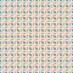 Vector geometric seamless pattern in retro vintage style. Abstract texture with curved shapes, diamonds, diagonal grid, mesh. Stylish funky geometrical background. Turquoise and beige color design
