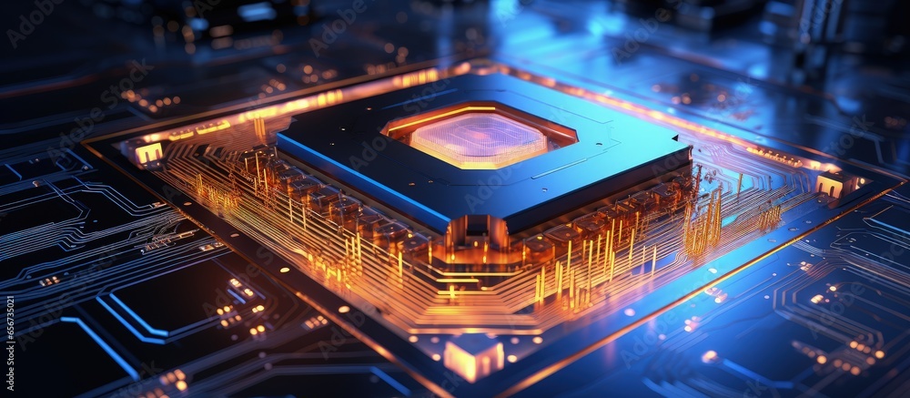 Poster ai processor with neon lines logo on circuit board illustration captures future of computer tech and