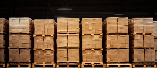 Cardboard boxes wrapped in plastic stored on pallet racks Interior of a storage warehouse for shipping logistics in the cargo export import industry with copyspace for text