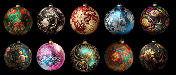Set of 10 beautiful, colorful and ornately painted round Christmas ornaments isolated on a black background. 