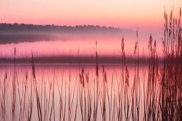 A photorealistic 3D rendering of reeds on the shore of a lake at pink foggy sunset. 