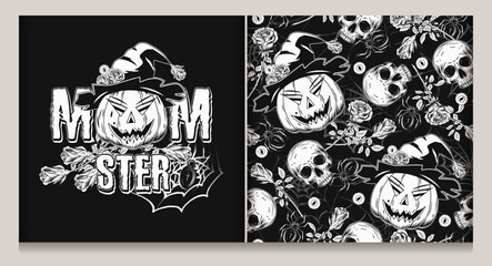 Pattern, label with skulls, pumpkin head like witch in hat, roses, eyeballs, spiders. Grunge silhouette of spider web behind. Holiday illustration on black background. Family concept