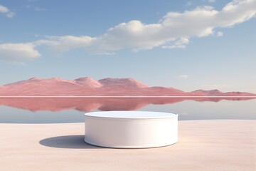 3d rendered white empty podium on the desert