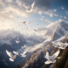 Naklejka premium Flight of Serenity: Majestic Mountains and the Graceful Soar of Snow-White Doves