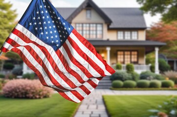 US flag displayed in front of house for patriotism, AI generated image - obrazy, fototapety, plakaty