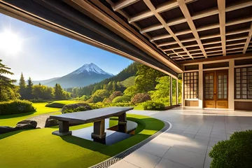 Foto auf Alu-Dibond A tranquil Japanese garden with a serene pond, arched bridge, and carefully manicured bonsai trees under a clear day. © PhotoFusionist 
