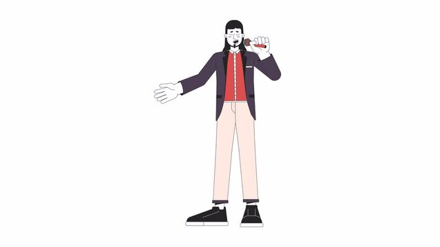 Male opera singer holding microphone line cartoon animation. Classical music concert 4K video motion graphic. European adult man vocalist 2D linear animated character isolated on white background