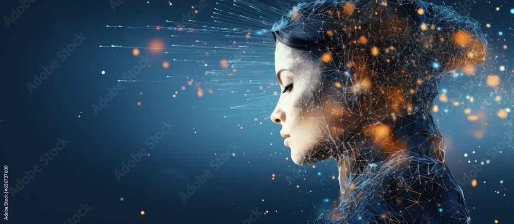 Poster illustration of a deep learning network connecting ai to global big data represented by a robot face