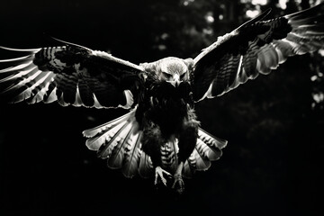 Flying hawk, closeup, black and white photo, 