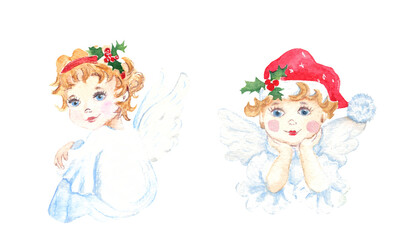 Set of two cute Christmas angels with red hat and holly branch in the hair. Vintage stile. Watercolor hand painted illustration on white background. Good for cards, prints, decoration.
