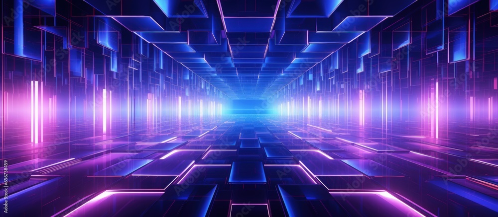 Poster technological tunnel with abstract neon lights network lines data center server internet speed with 