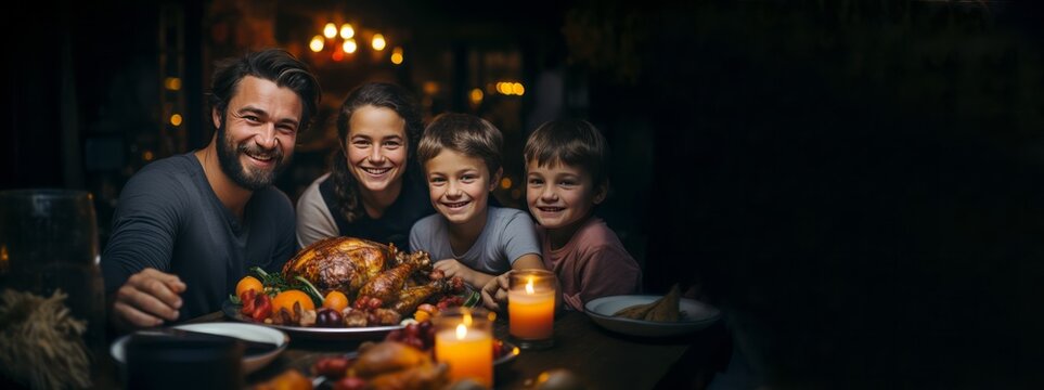 family gathered on thanksgiving day with traditional turkey