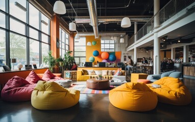 Open working space with colorful bean bags. Generative AI - obrazy, fototapety, plakaty