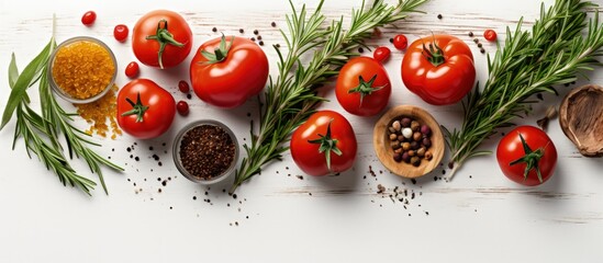 Italian herbs and spices rosemary tomatoes garlic and peppers represent a healthy food and drink concept with copyspace for text