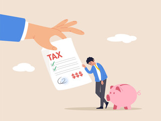 Tax burden or debt to pay for income tax. Accounting or bills, financial charge and duty to pay for government, wealth management or savings, businessman holding saving piggybank looking at tax bills.