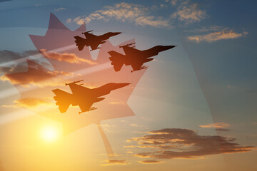 Air Force Day. Aircraft silhouettes on background of sunset with a transparent Canadian flag. - obrazy, fototapety, plakaty