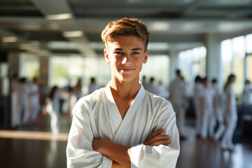Young student teenager wearing white kimono smiling, looking at camera learning fighting, students lesson on room on background. Karate or Judo asian martial art training in a dojo hall