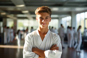 Foto auf Leinwand Young student teenager wearing white kimono smiling, looking at camera learning fighting, students lesson on room on background. Karate or Judo asian martial art training in a dojo hall © Valeriia