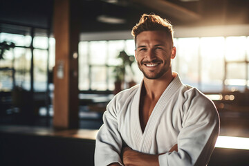 Adult experienced trainer wearing white kimono learning fighting jiu jitsu aikido. Smiling friendly professional teacher karate asian martial art training in a dojo hall