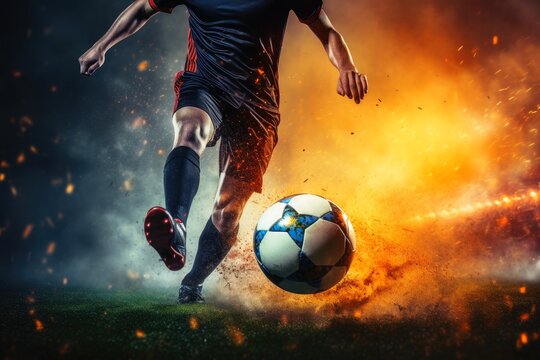 A soccer player kicking the ball.