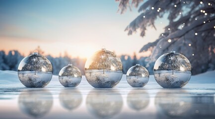 Fototapeta na wymiar Christmas Balls over a Light Surface on a snowy Winter X Mas background.
