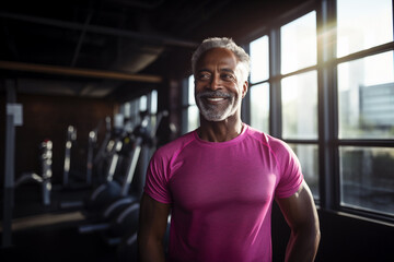 Man fitness coach standing in sport club interior. Active sport life getting fit healthy lifestyle concept. Senior African American male personal trainer pink t-shirt smiling at camera in a gym