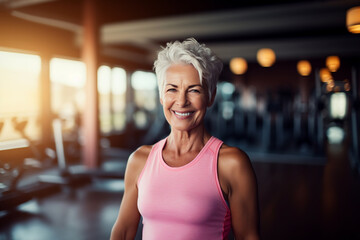  Senior female woman fitness coach standing in sport club interior. Active sport life getting fit healthy lifestyle concept. Muscled mature personal trainer smiling at camera in a gym