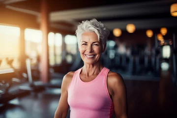   Senior female woman fitness coach standing in sport club interior. Active sport life getting fit healthy lifestyle concept. Muscled mature personal trainer smiling at camera in a gym © Valeriia