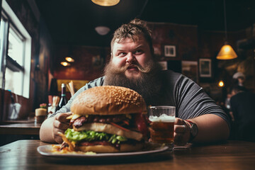 A fat bearded man is eating a big burger. - obrazy, fototapety, plakaty