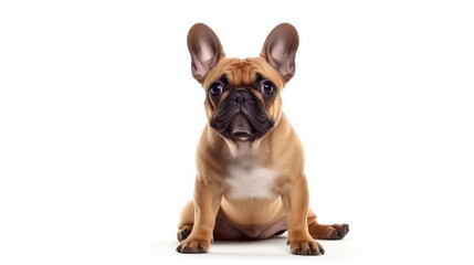Portrait photograph of a tan-colored French bulldog isolated against a white background.
