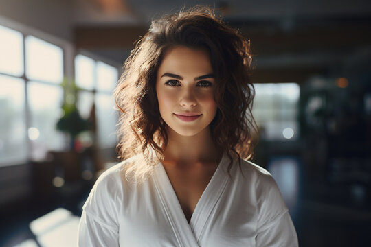 Judo or karate asian martial art training in a dojo hall. Young student woman wearing white kimono smiling, looking at camera learning fighting, students lesson on room on background