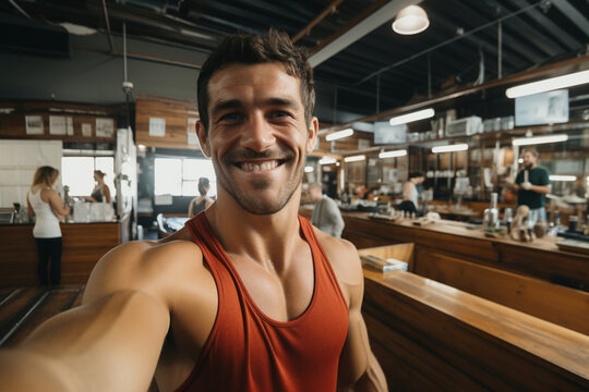 Active life, getting stronger, sport concept. Selfie smiling portrait of muscled man, male sportsman in sportswear doing training workout at gym, athlete looks friendly, happy and welcoming