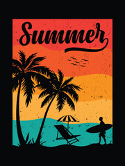 Vector summer vintage illustration t-shirt design beach with coconut trees