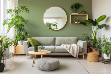 Moder Living Room Design. Nature Lover House. Green Interior.