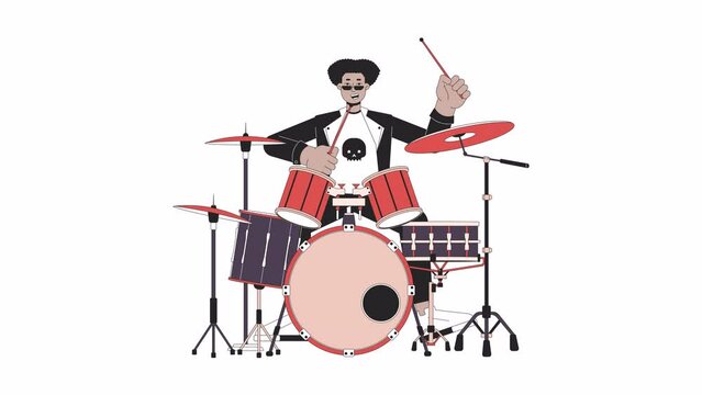 Drummer rock and roll line cartoon animation. Rockstar male beats drumming 4K video motion graphic. Hispanic young adult man in punk rock 2D linear animated character isolated on white background
