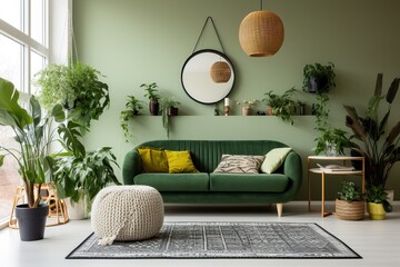 Moder Living Room Design. Nature Lover House. Green Interior.