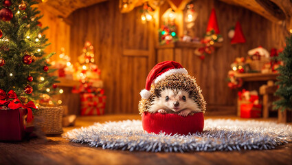 Cute hedgehog wearing santa hat