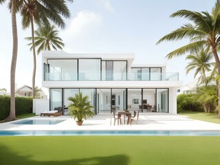 Modern house with swimming pool and palm trees