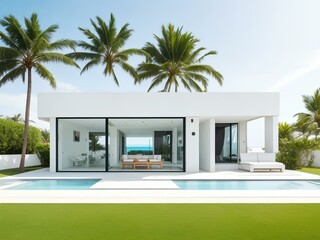 Modern house with swimming pool and palm trees - obrazy, fototapety, plakaty