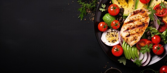 Healthy top view salad with grilled chicken and fresh veggies feta cheese olives and avocado with...