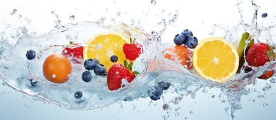 Fresh fruits splashing into clear water emphasizing healthy food and freshness