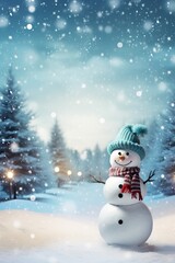 Happy Snowman over a Snowy Background. X Mas Season. December 25th Event.