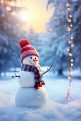 Obraz premium Happy Snowman over a Snowy Background. X Mas Season. December 25th Event.