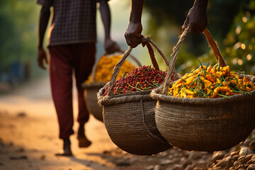 People carry baskets with a harvest of yellow chilli, turmeric spices and herbs. Indian, Asian or Mexican spices. Copy space  - obrazy, fototapety, plakaty