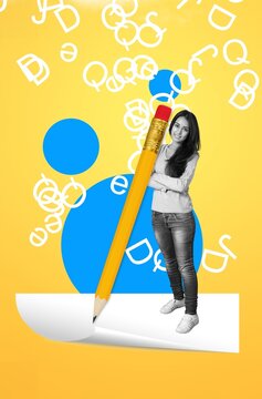 Creative collage of school student writing with big pencil
