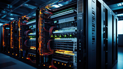 Shot of Corridor in Working Data Center Full of Rack Servers and Supercomputers with High Internet Visualisation Projection.