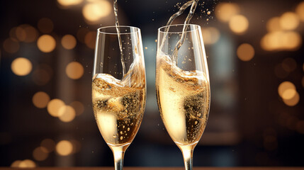 Coupes de champagne, célébration et fête. Ambiance festive, nouvel an, anniversaire. Pour conception et création graphique. - obrazy, fototapety, plakaty